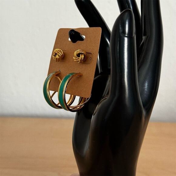 Vintage Gold & Green Hoop Knot Stud Earring Set of 2 Elegant Jewelry - Picture 5 of 7